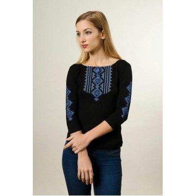 Embroidered t-shirt with 3/4 sleeves "Gutsul Girl" blue on black